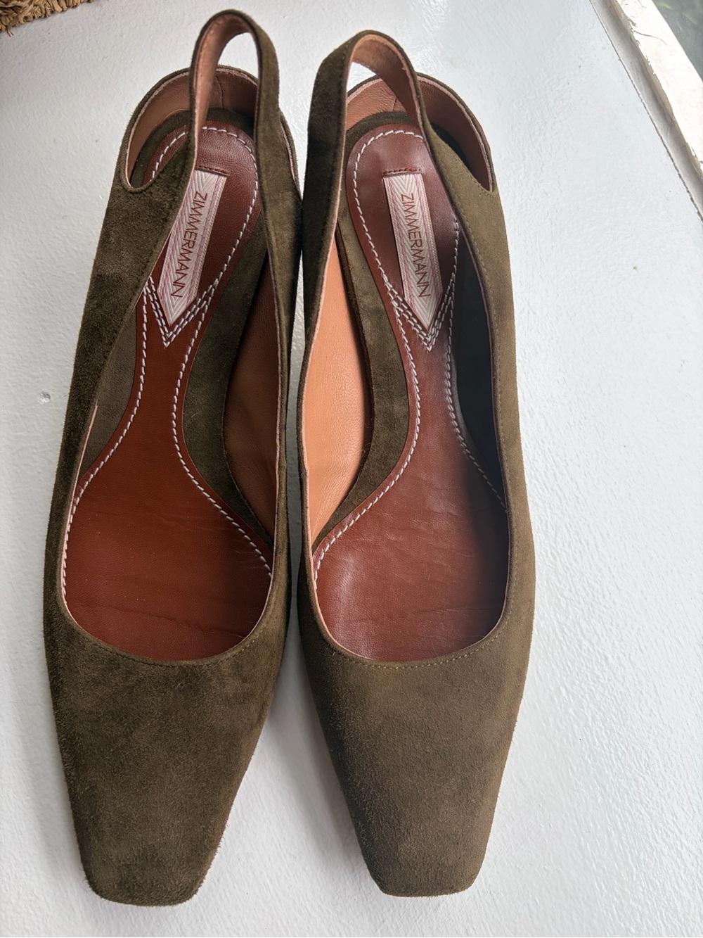 Zimmermann Crescent Olive Suede Slingback Mules Sculptural Kitten Heel